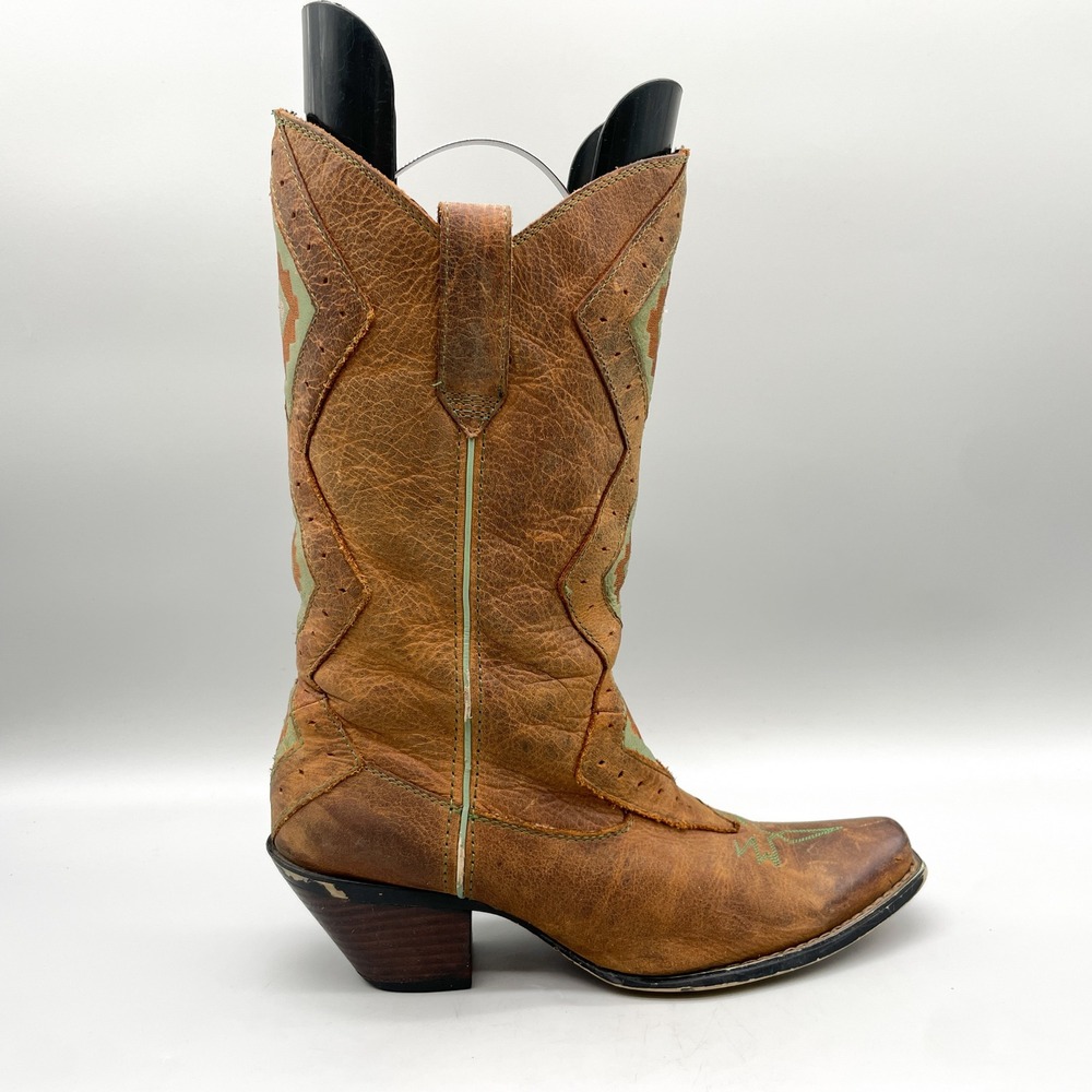 Durango Womens 8.5 M Western Cowgirl Boots Brown Green Leather Inlay Snip Toe